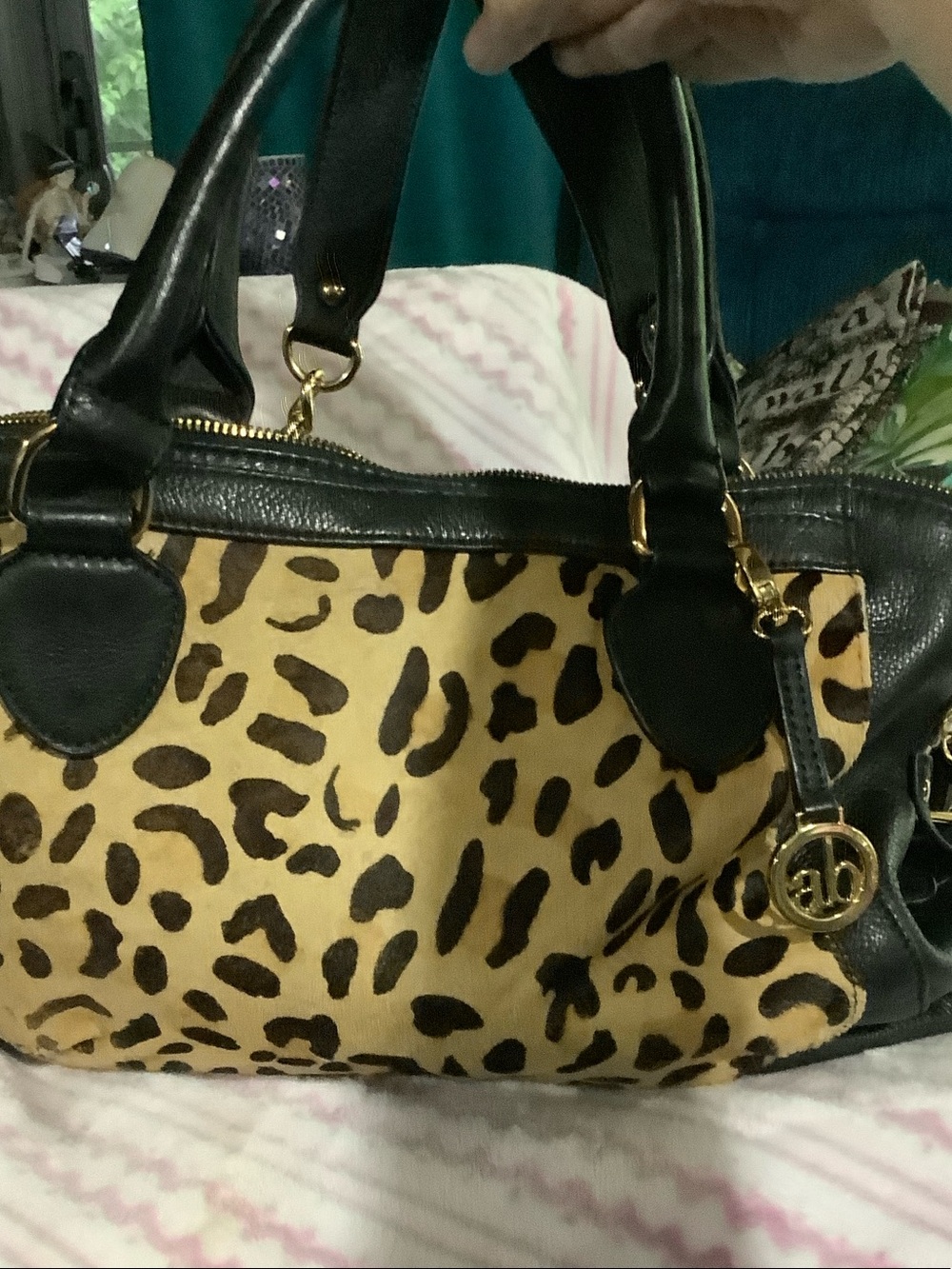 Audrey Brooke Leopard Print Shoulder Bag with Black Trim and Gold Accent